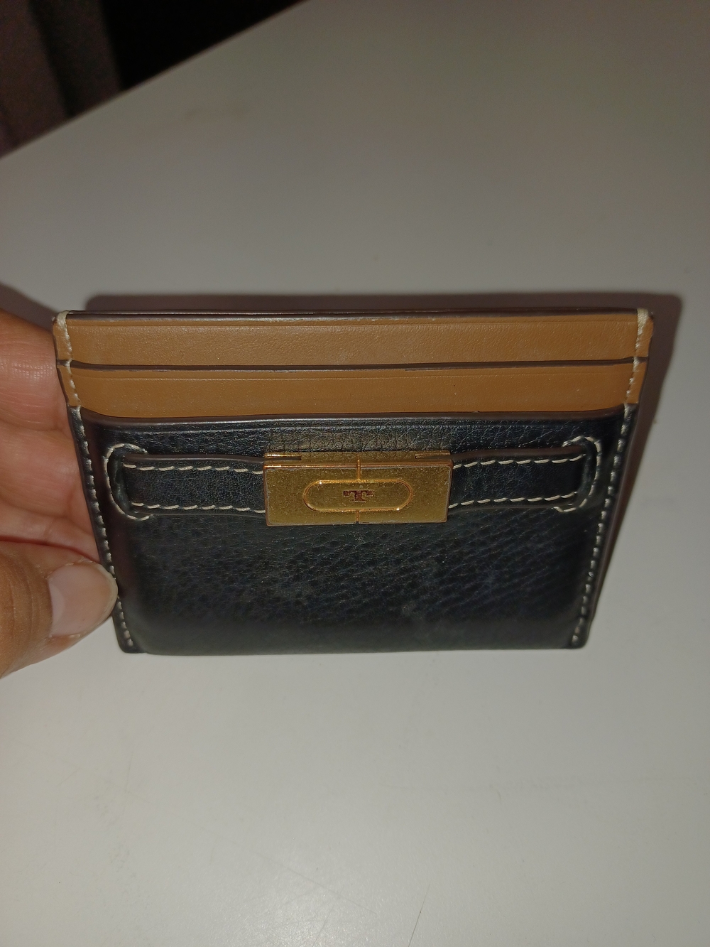 Tory Burch Black and Tan Leather Card Holder with Gold Accent - Picture 2 of 4